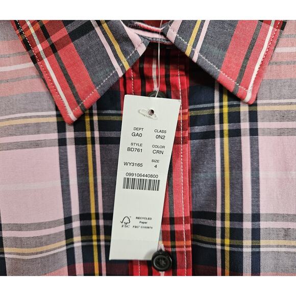 J. CREW Women 4 Slim Perfect Shirt Stewart Plaid Red Blue Pink Button Up 36" NEW - Picture 4 of 8